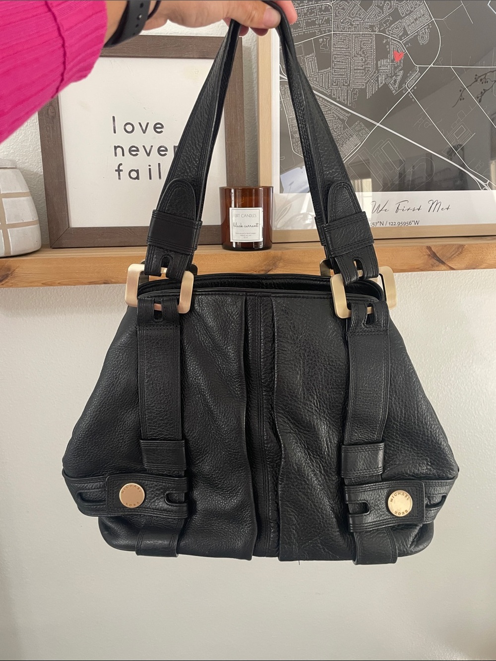 Michael Kors Harness Handbag Black Pebbled Leather Gold Hardwear